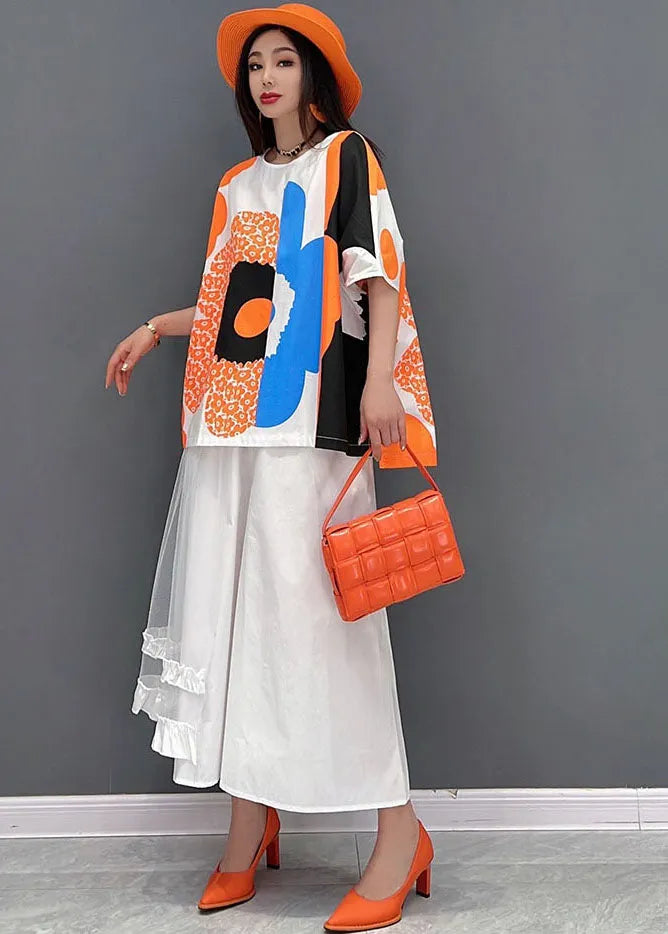 French Orange Print Tulle Patchwork Cotton Tanks and a Line Skirts Two Pieces Set Summer