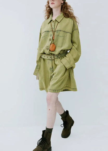 Yellow Green Peter Pan Collar Denim Jumpsuit Long Sleeve
