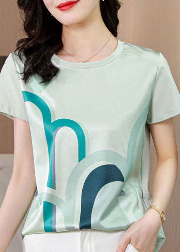 White O-neck Original Design Print Silk Tops Summer