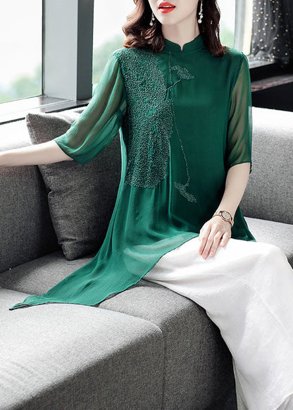 Blackish Green Stand Collar Silk Top and Crop Pantstwo Pieces Set Fall