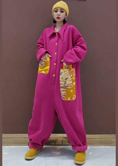 Natural Red Peter Pan Collar Pockets Patchwork Warm Fleece Jumpsuit Spring