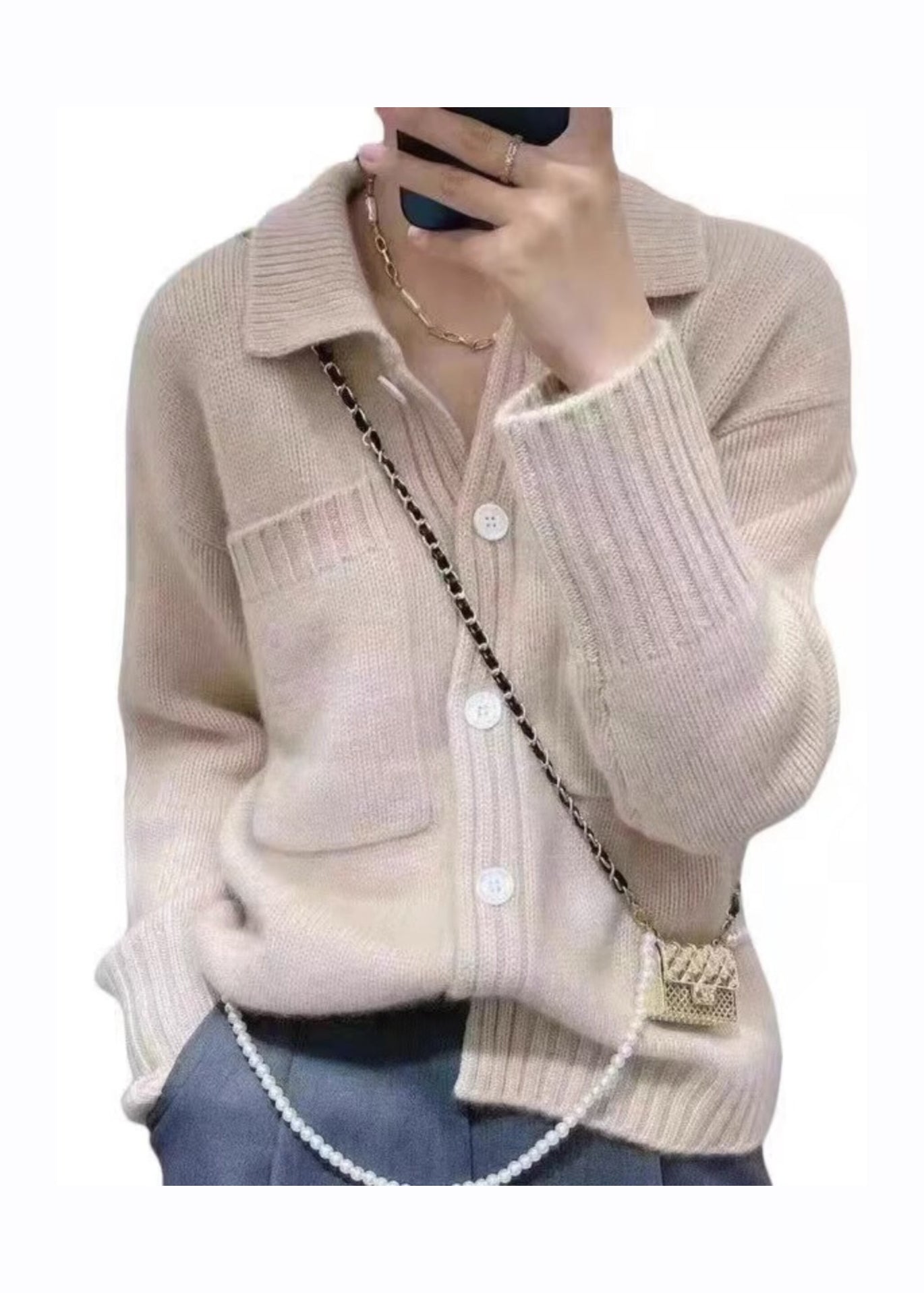 Beige Peter Pan Collar Button Thick Cashmere Knit Sweater Fall