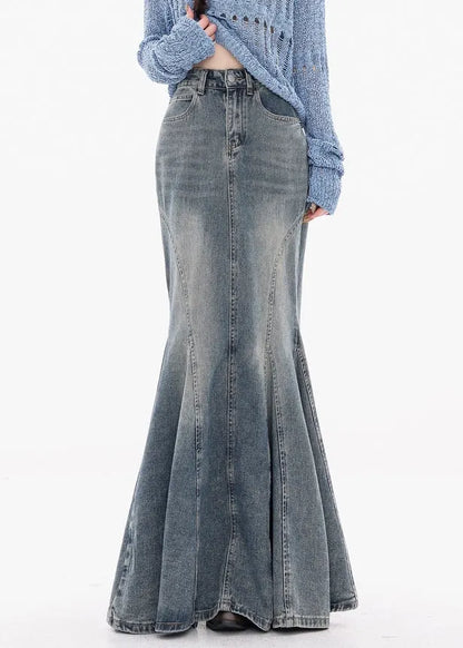 Blue Button Original Design Fishtail Denim Skirts High Waist Fall