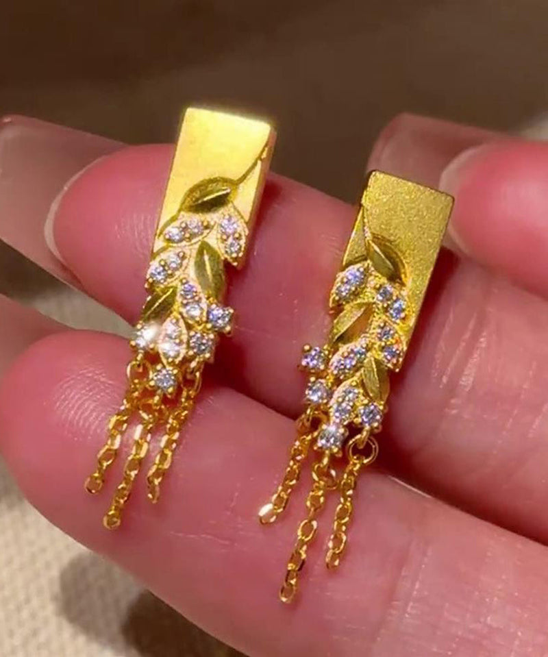 Gold Copper Alloy Zircon Fallen Leaves Tassel Stud Earrings