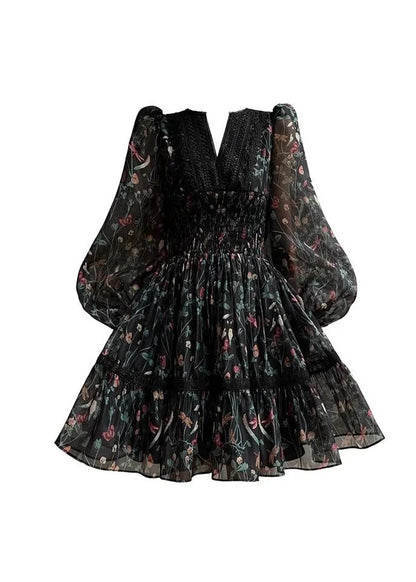 Black V Neck Print Lace Patchwork Chiffon Short Dress Long Sleeve Fall