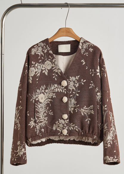 Brown Embroidered Decorated Cotton Jackets Fall