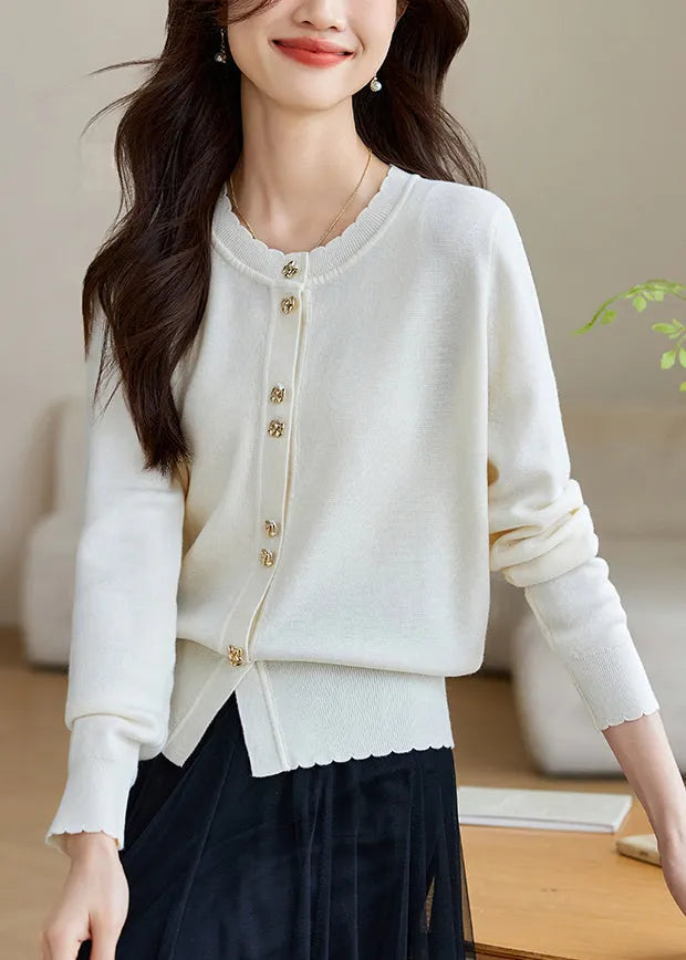 White Button Wool Knit Fall Coats O Neck