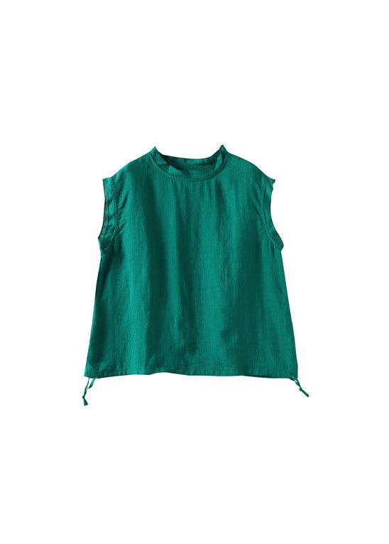 White Drawstring Turtle Neck Linen Tank Short Sleeve