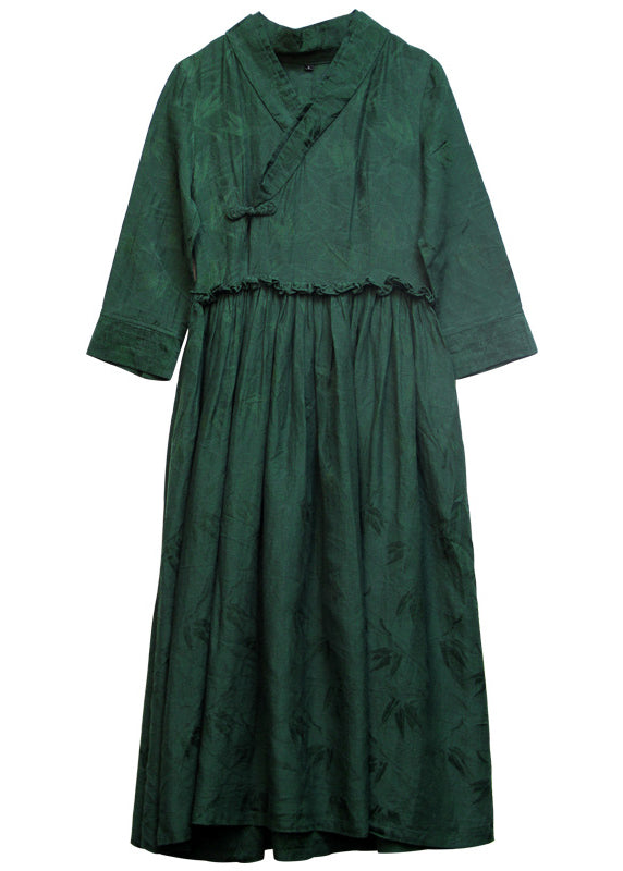 Green Cinched V Neck Ruffled Silk Holiday Dress Long Sleeve