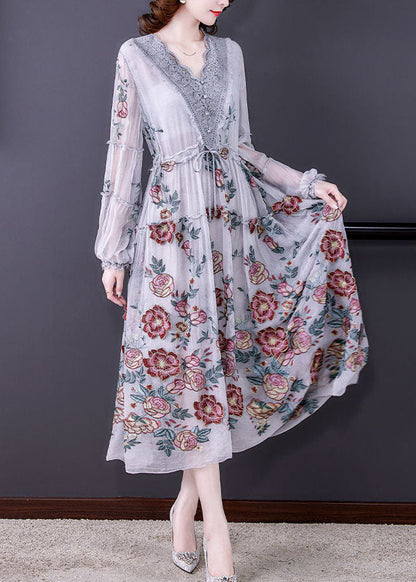 Grey V Neck Patchwork Print Tulle Cinched Dress Spring