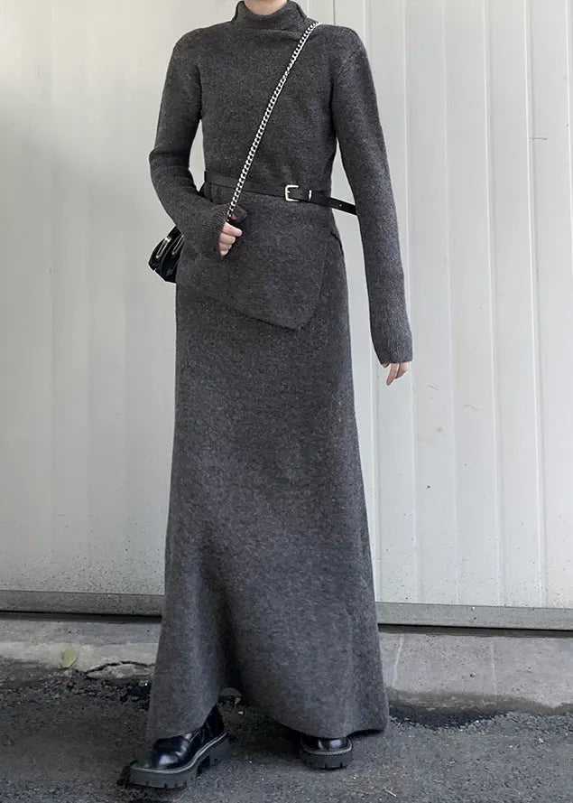 Grey Turtle Neck Asymmetrical Design Knit Two Pieces Set Winter