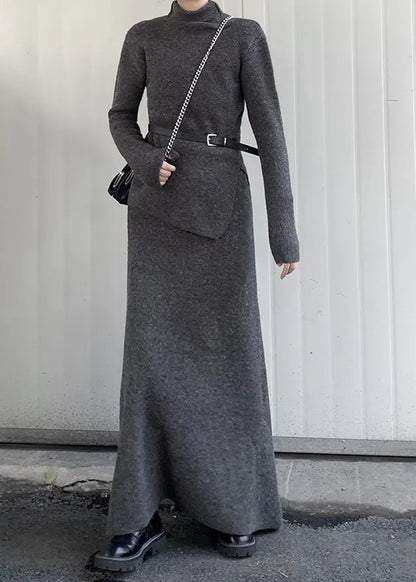 Grey Turtle Neck Asymmetrical Design Knit Two Pieces Set Winter