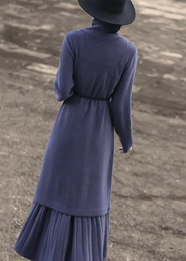 New Blue Turtleneck Tops and Skirts Wool Knit Two-piece Set Spring