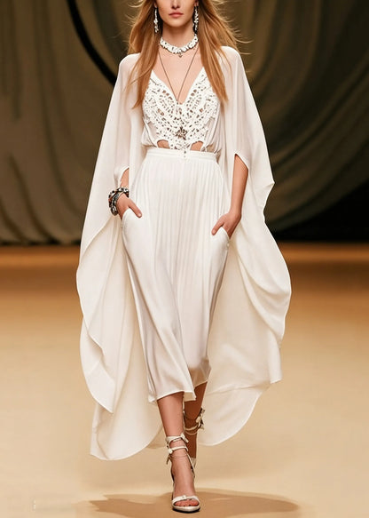 Art White V Neck Hollow Out Pockets Chiffon Two Piece Set Batwing Sleeve