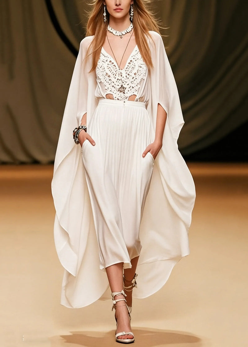 Art White V Neck Hollow Out Pockets Chiffon Two Piece Set Batwing Sleeve