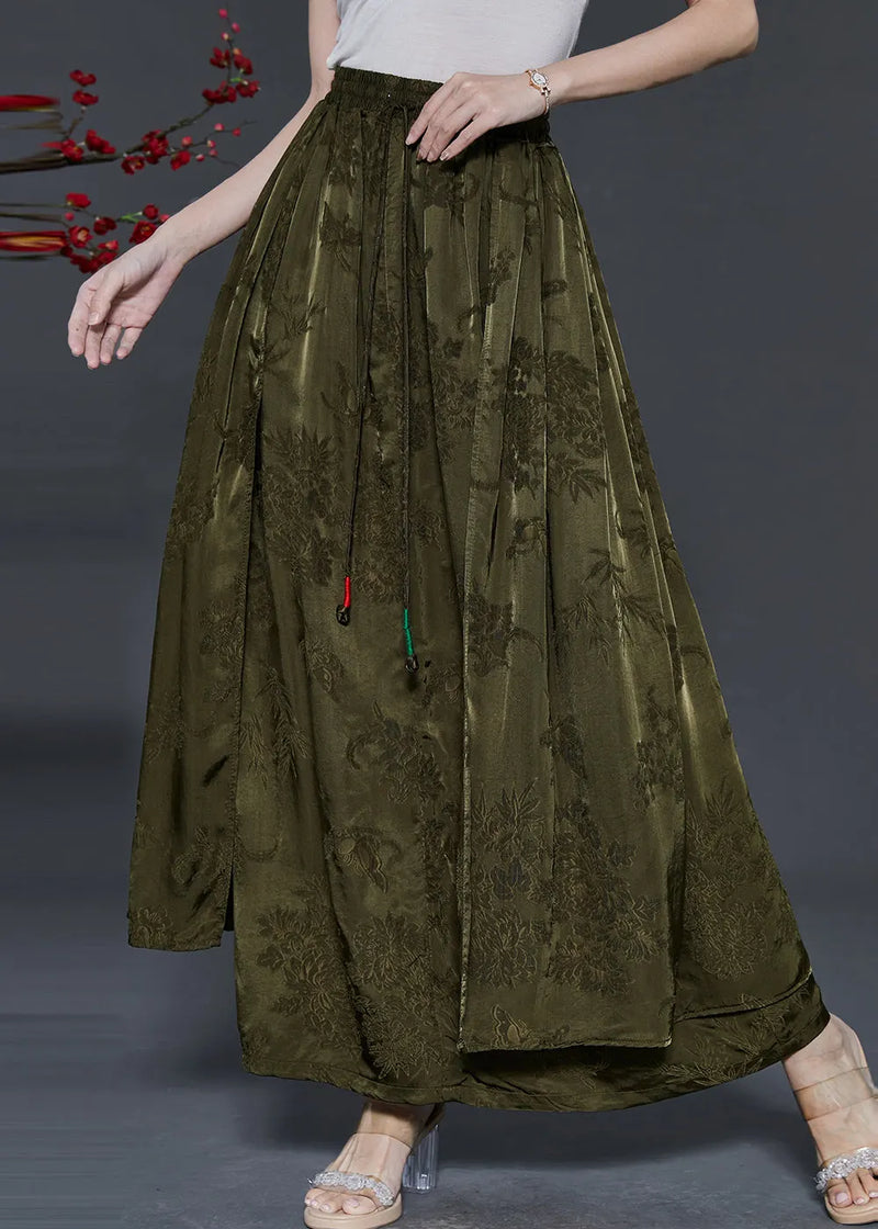 Boutique Green Tasseled Print Silk Skirt Fall