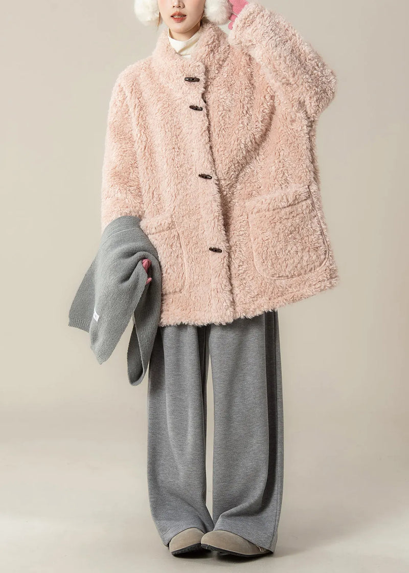 New Pink Faux Fur Coat and Grey Wide Leg Pants Set Winter