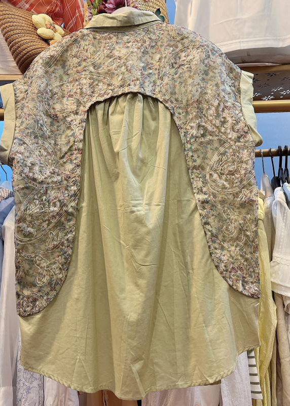 Khaki Peter Pan Collar Print Patchwork Cotton Shirt Top Summer