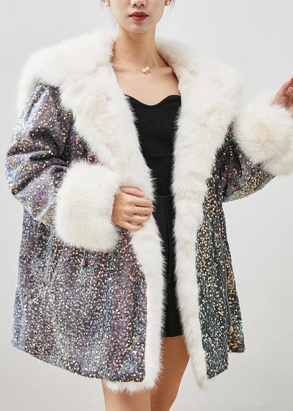 Grey Sequins Warm Faux Fur Velour Hoodie Coat Winter