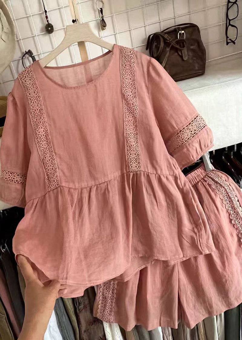 Style Pink Oversized Patchwork Linen Sets 2 Pieces Summer