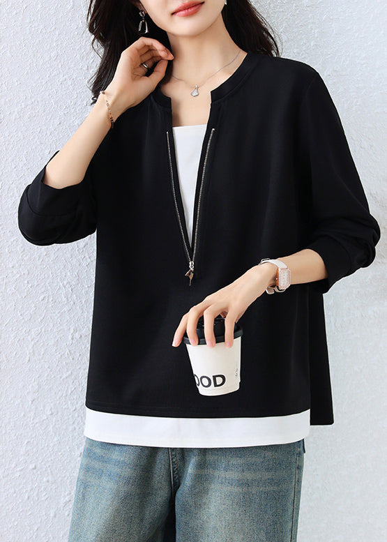 Black Zip Up Patchwork Cotton Fake Two Piece Sweatshirts Top Fall