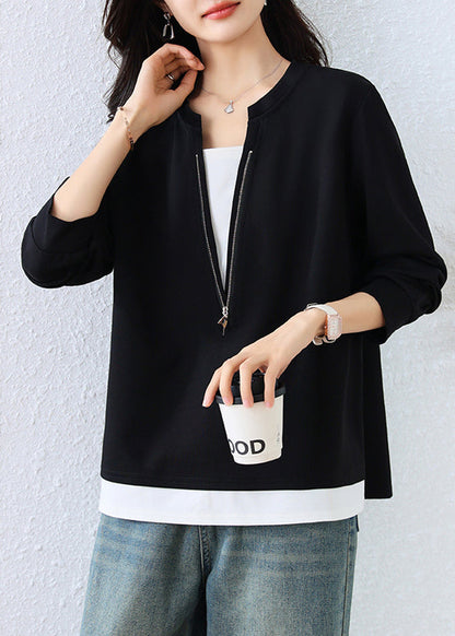 Black Zip Up Patchwork Cotton Fake Two Piece Sweatshirts Top Fall