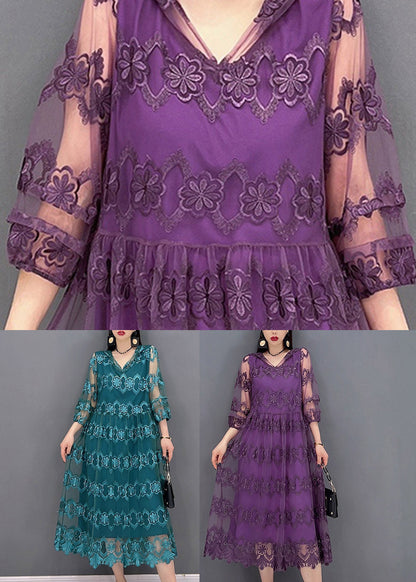 Modern Purple V Neck Embroideried Lace Patchwork Hooded Dress Long Sleeve