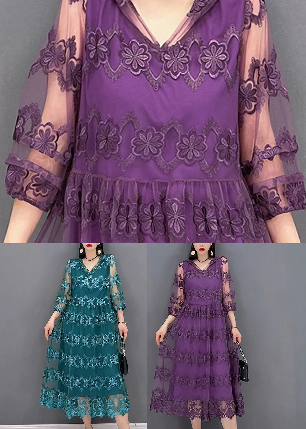Blue V Neck Tulle Patchwork Hooded Dress Three Quarter Sleeve