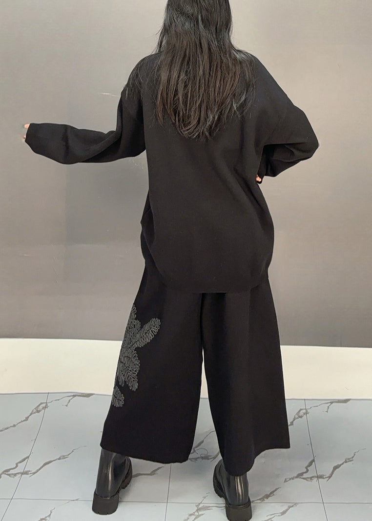 Simple Black O Neck Embroidered Cotton Two Piece Set Fall