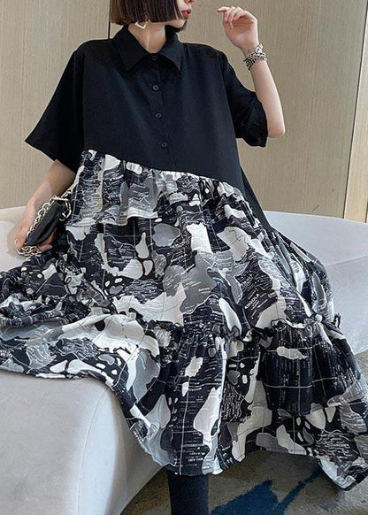 Black Patchwork Print Cotton Button Summer Maxi Dress