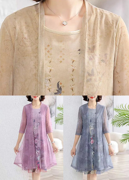 Purple Print Patchwork Chiffon Two Pieces Set O-neck Summer
