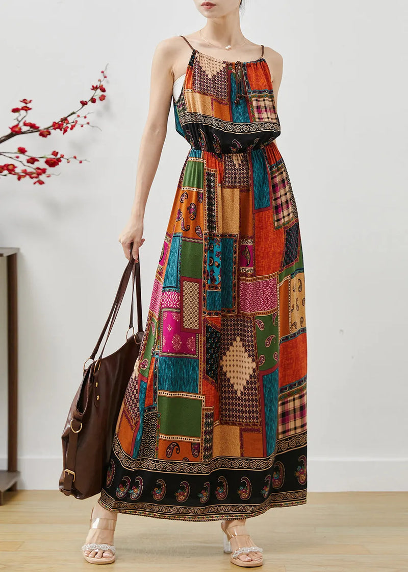 Colorblock Cinched Print Cotton Spaghetti Strap Dress Dress Summer