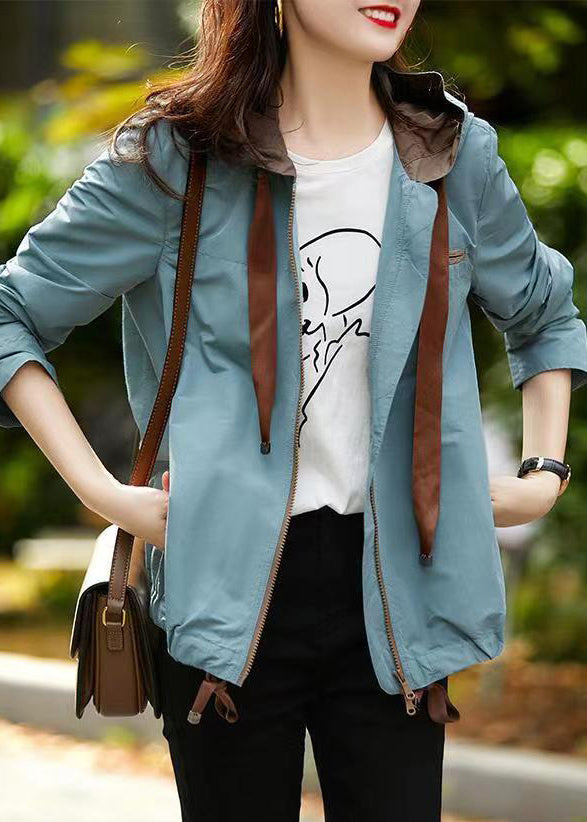 Blue Grey Hooded Zippered Pockets Cotton Coats Fall