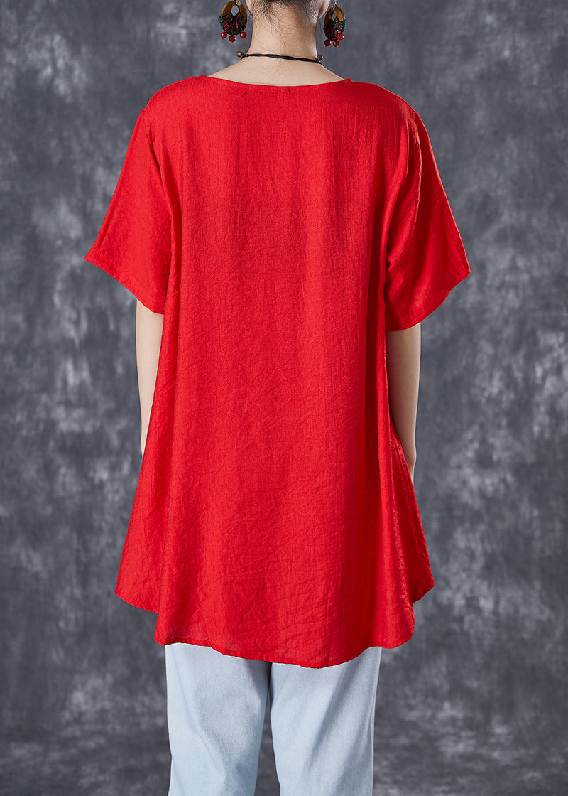 Modern Red Embroideried Butterfly Patchwork Ruffled Cotton Tops Summer
