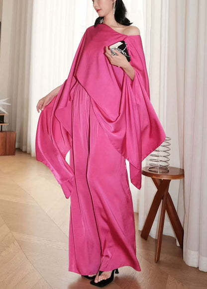 French Rose Asymmetrical Silk Two Pieces Set Batwing Sleeve