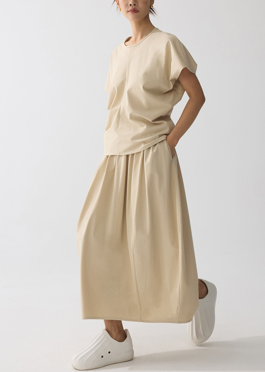 Khaki Oversized Wrinkled Cotton Two Pieces Set Summer