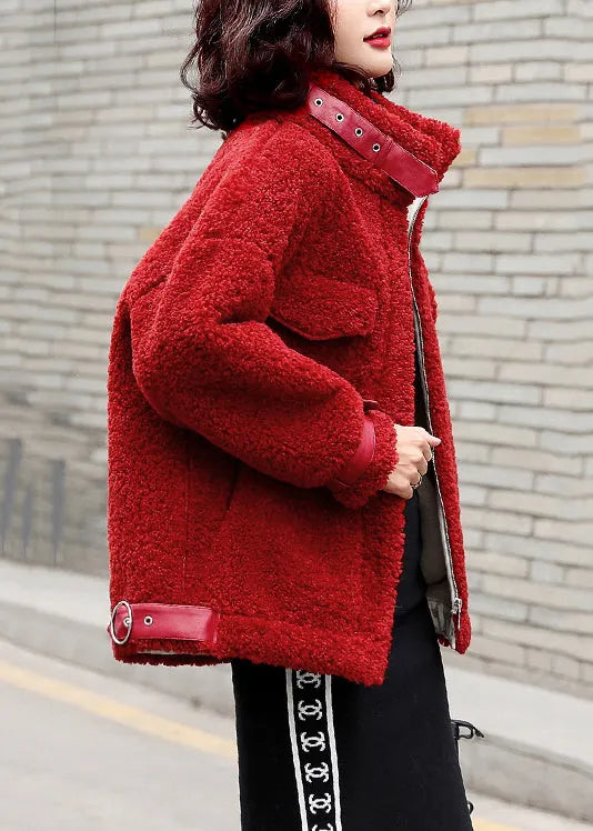 Loose Red Zippered Patchwork Teddy Faux Fur Coat Winter