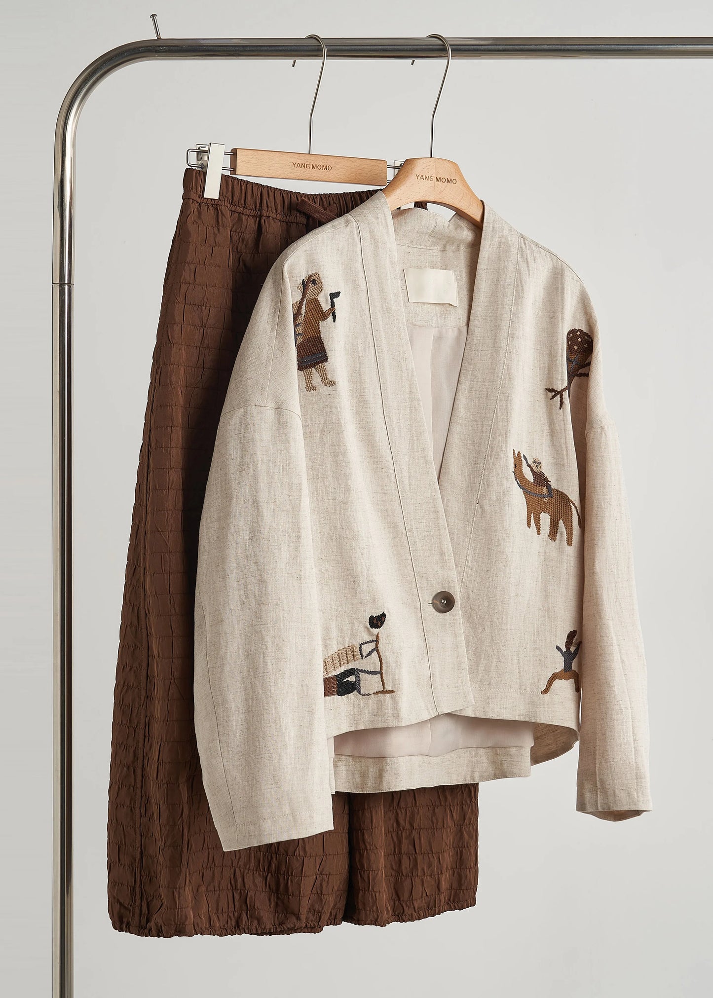 Beige Embroidered Oversized Linen Coat Fall
