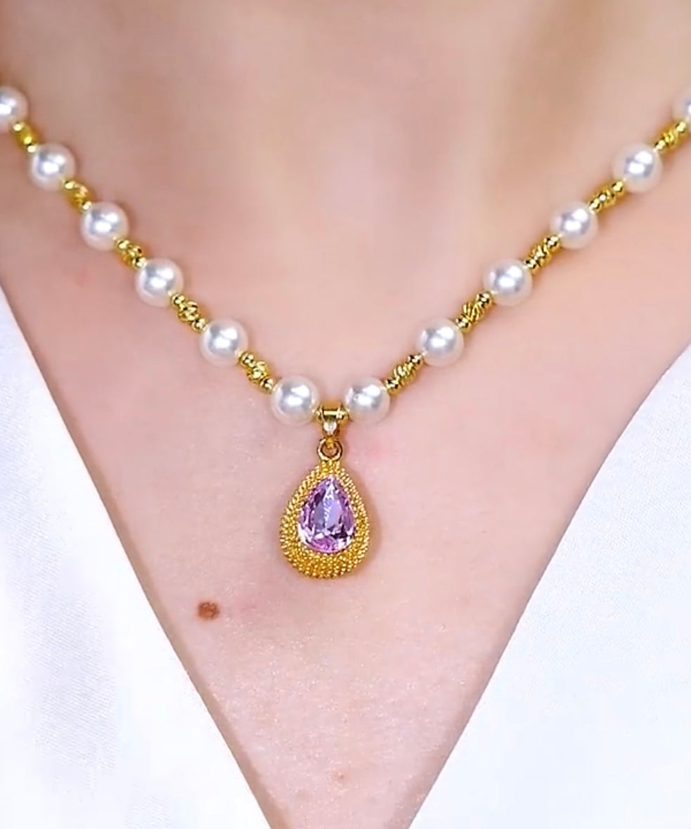 Purple Sterling Silver Overgild Pearl Water Drop Pendant Necklace
