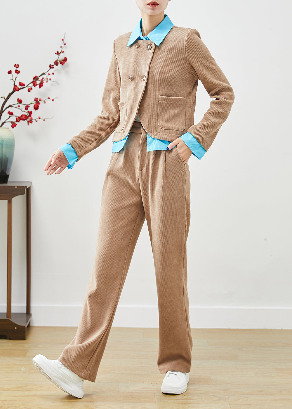 Khaki Double Breast Patchwork Corduroy Two Pieces Set Fall