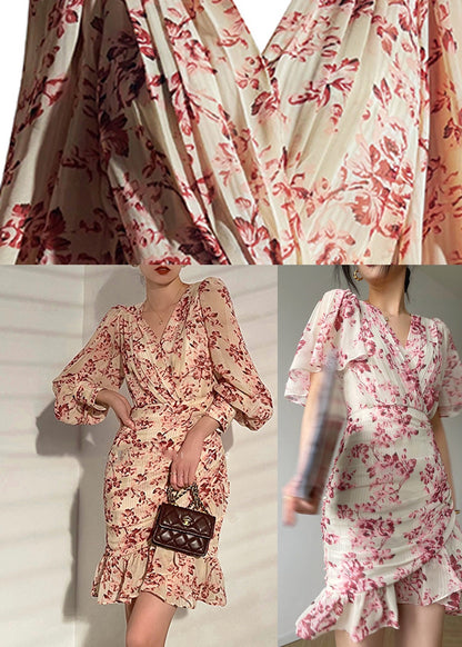 Modern Yellow V Neck Asymmetrical Print Mid Holiday Dress Long Sleeve