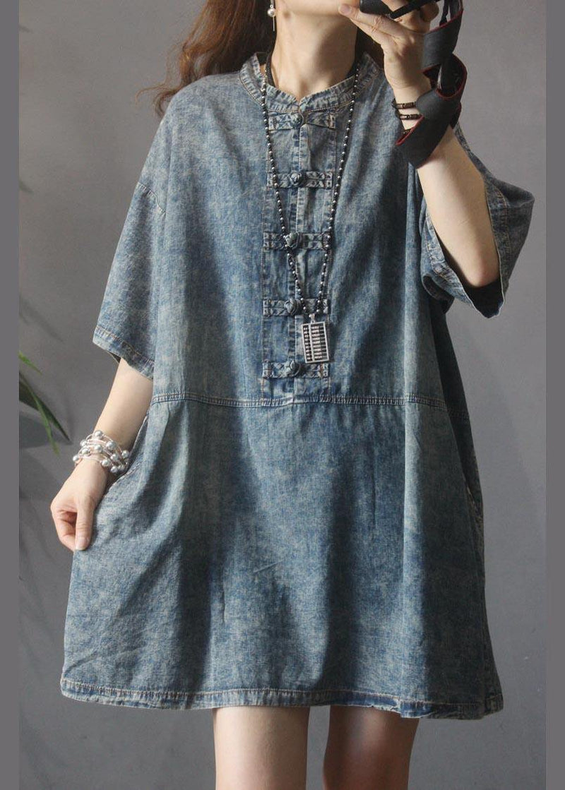 French Blue Oriental Pockets Vacation Dresses Summer