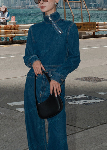 Modern Blue Stand Collar Zippered Pockets Denim Two Pieces Set Fall