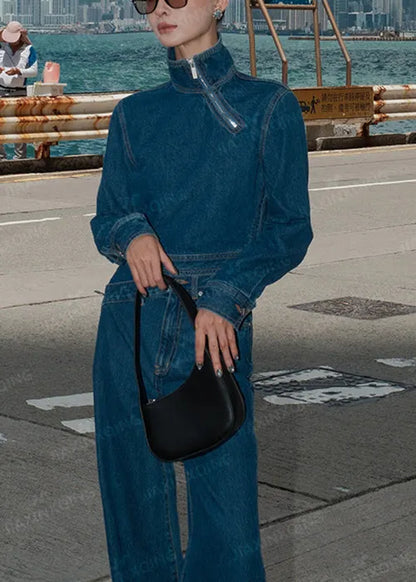 Modern Blue Stand Collar Zippered Pockets Denim Two Pieces Set Fall