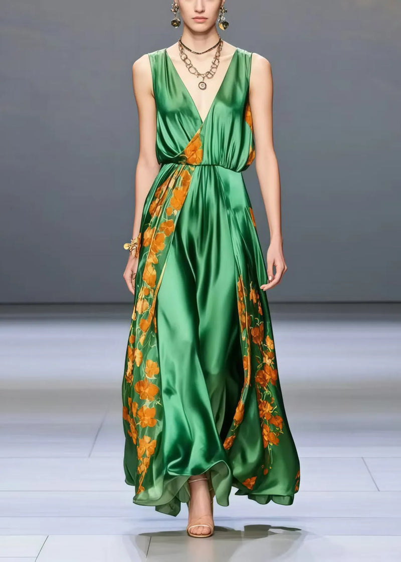 Peacock Green V Neck Print Silk Holiday Dress Sleeveless