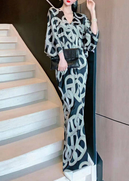 Print Long Dress V Neck Three Quarter Sleeve