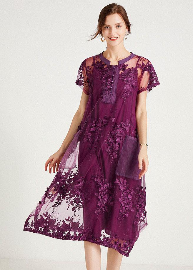 Purple O-neck a Line Summer Short Sleeve Two Pieces Set