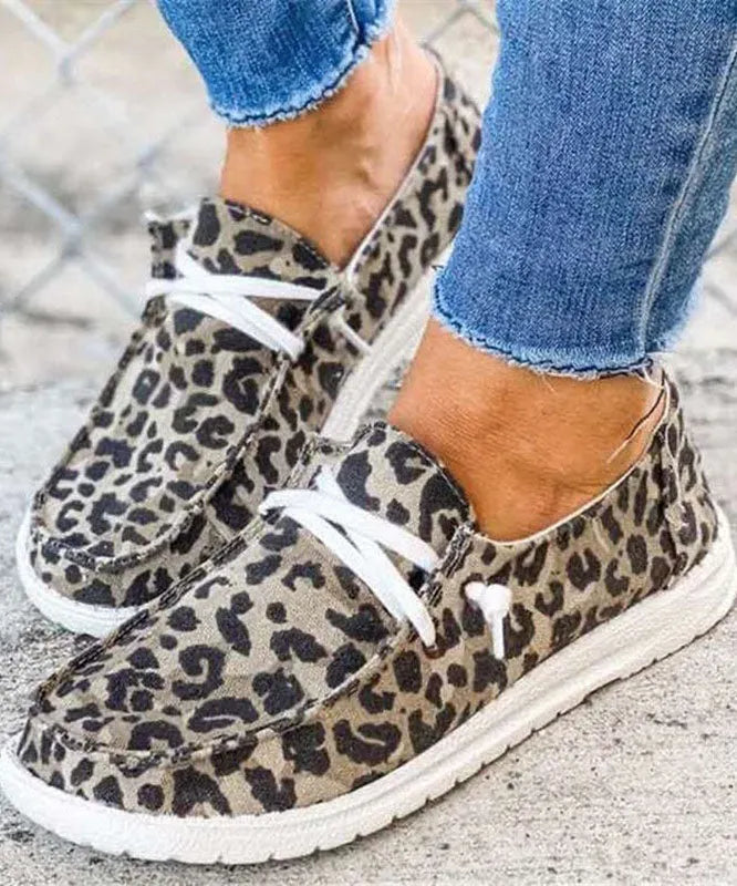 Dark Leopard Print Flat Shoes Cotton Fabric Boutique Lace Up Flat Shoes for
