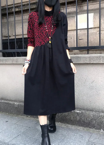 Red O-neck Print Wrinkled Cotton Maxi Dresses Long Sleeve