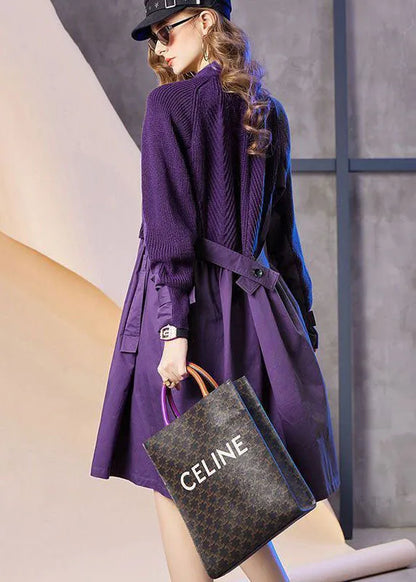 Purple V Neck Patchwork Knit Fake Two Piece Party Dress Spring